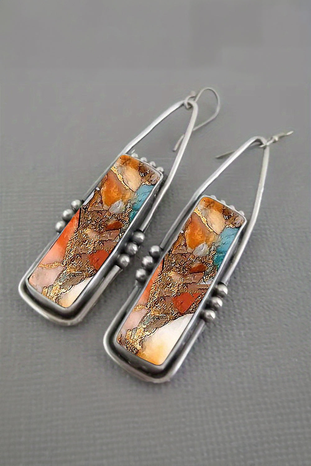 Silvery Retro Rectangle Stone Inlay Dangle Earrings