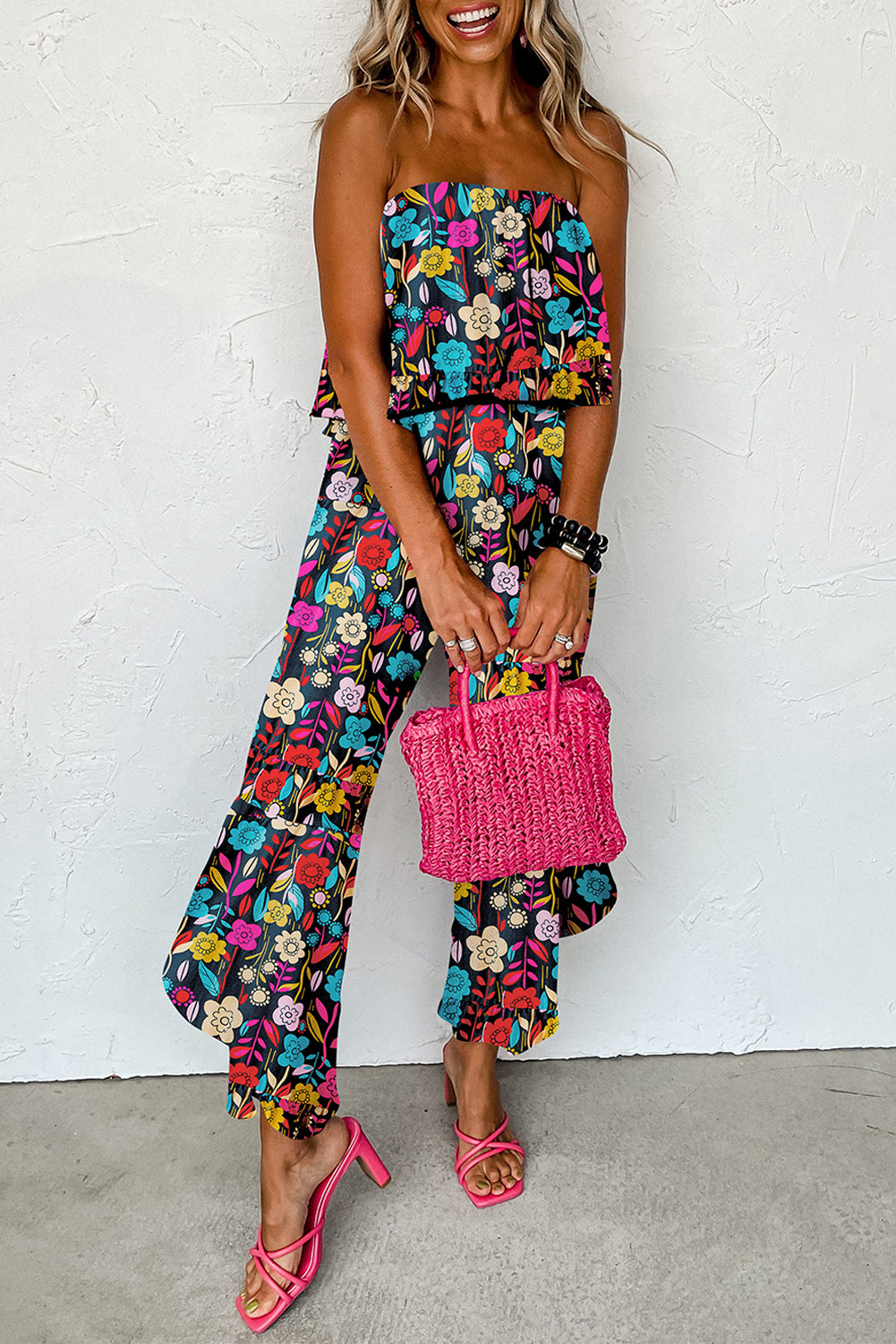 Green Mix Tropical Print Strapless Ruffled Jumpsuit