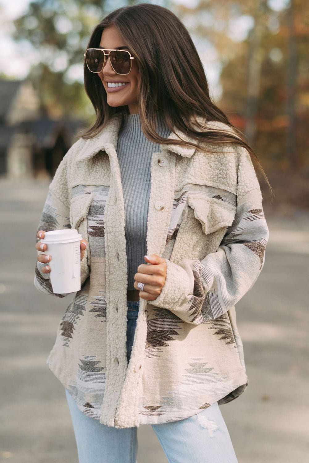 Pink Western Aztec Print Sherpa Splicing Buttoned Flap Pocket Coat