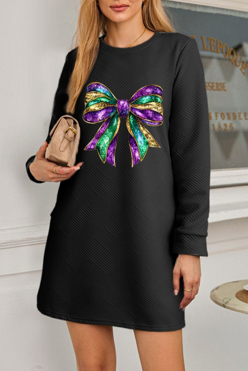 Black Bright Mardi Gras Bow Printed Textured Long Sleeve Mini Dress