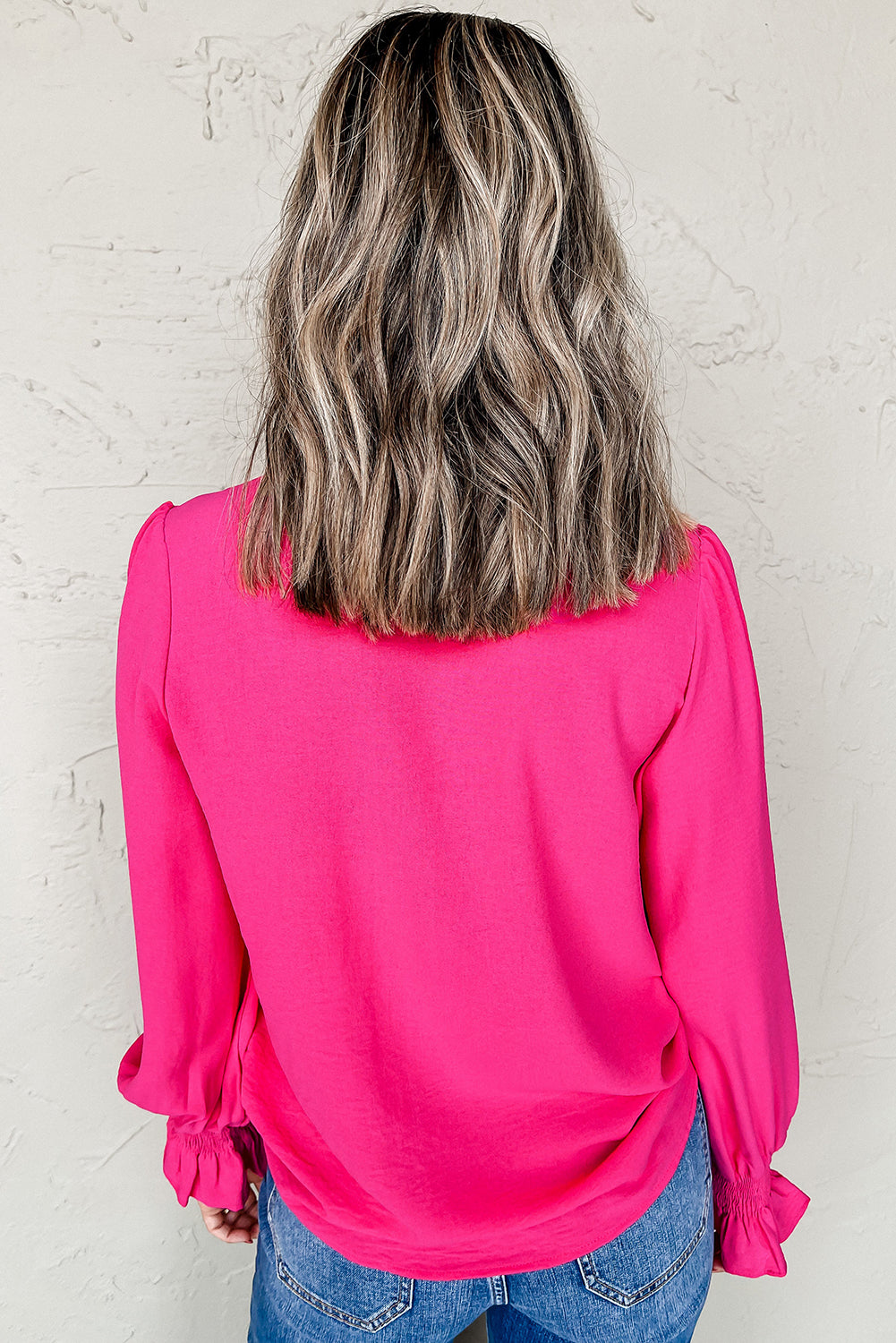 Rose Red Solid Shirred Cuff Notch V Neck Blouse