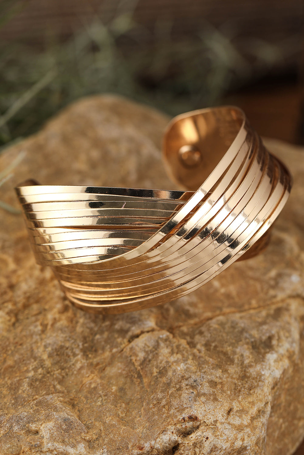 Gold Textured Crossover Metal Cuff Wide Bracelet