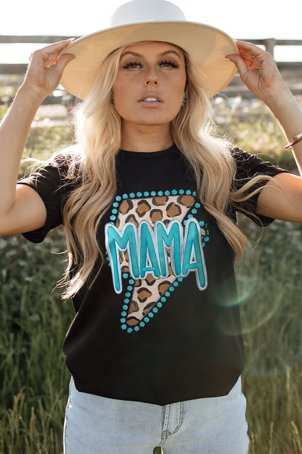 Black Western MAMA Leopard Lightning Graphic Tee