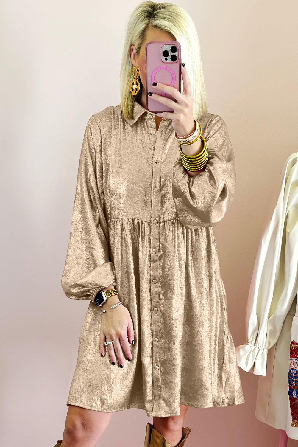 Peach Blossom Metallic Sheen Puff Sleeve Button Up Mini Shirt Dress