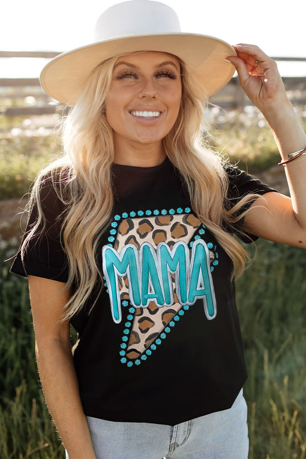 Black Western MAMA Leopard Lightning Graphic Tee