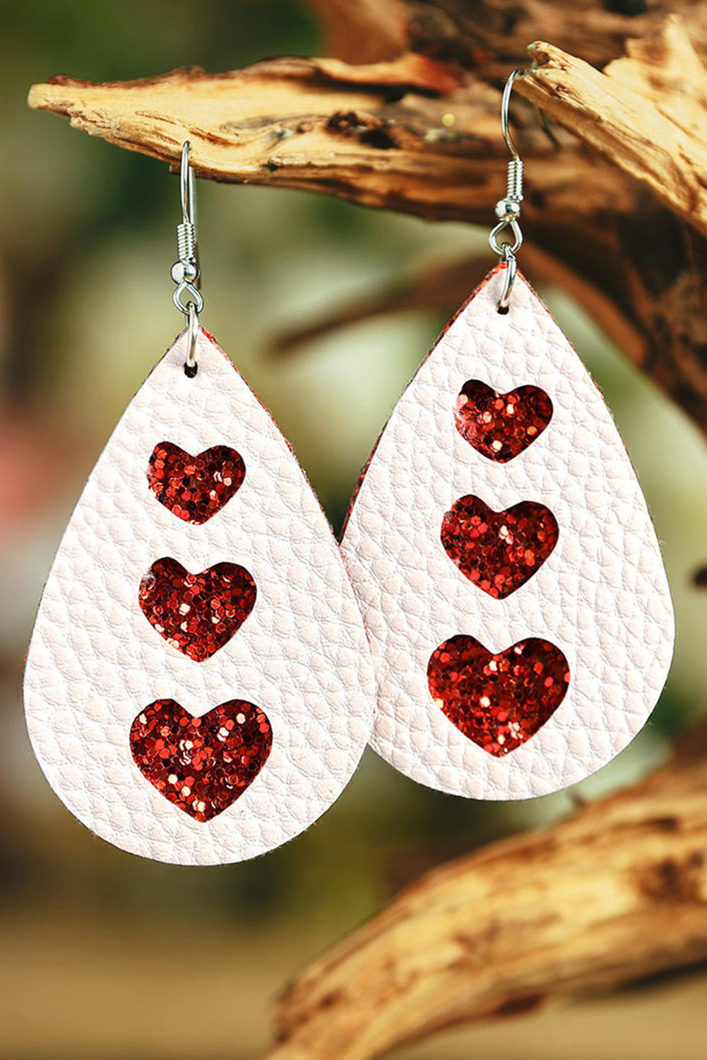 White  Valentines Heart Print Pu Leather Teardrop Dangle Earrings