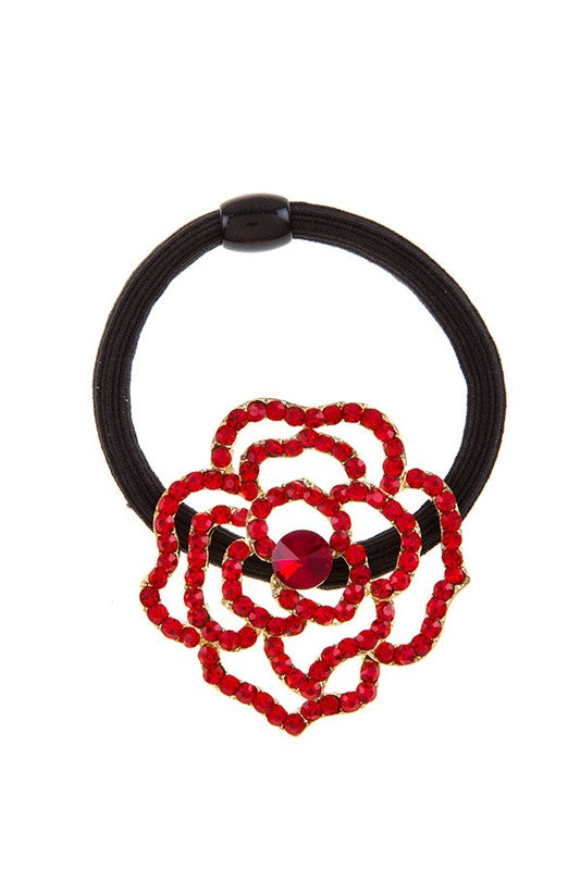 RED RHINESTONE FLOWER HAIR TIE