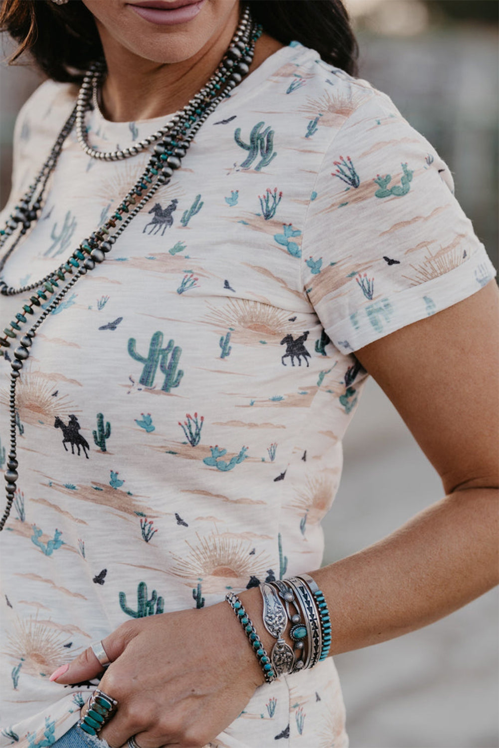 Beige Cactus Print Crew Neck Short Sleeve Top