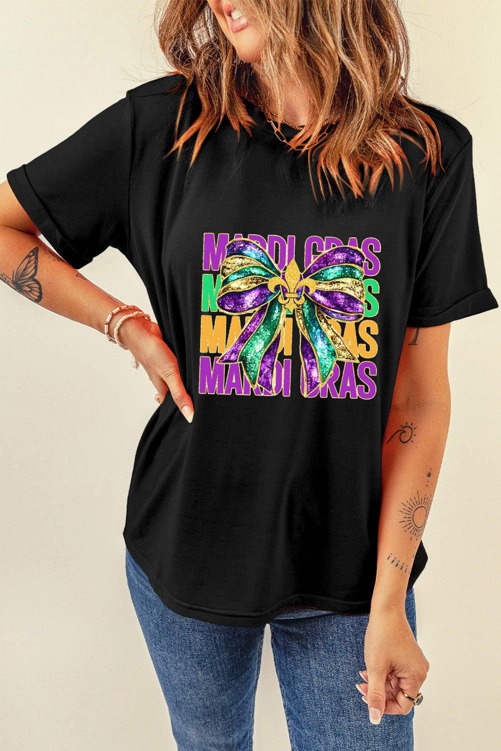 Black MARDI GRAS Bowknot Printed Crewneck Tee