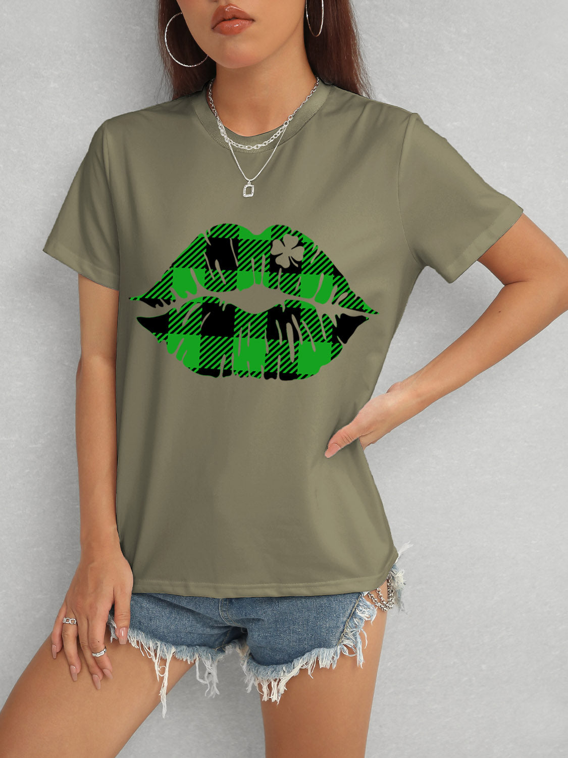 Plaid Lip Graphic Round Neck T-Shirt