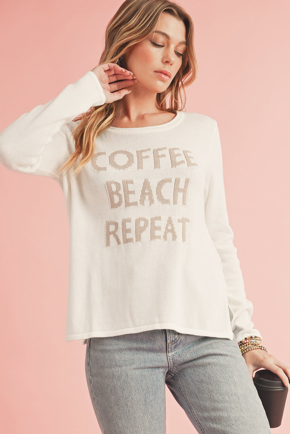 White Letter Print Round Neck Raw Edge Sweater