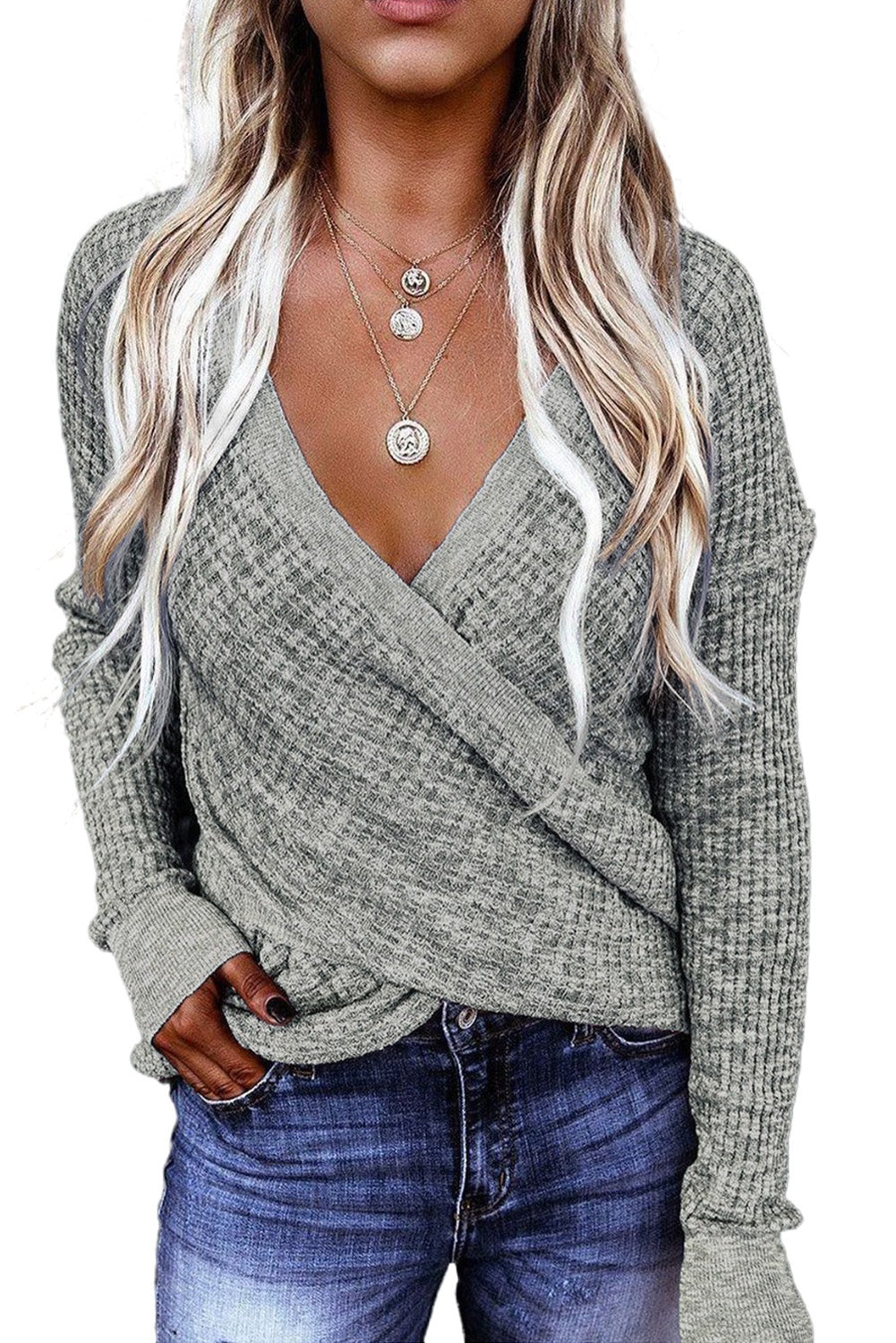 Apricot Wrap V Neck Waffle Sweater