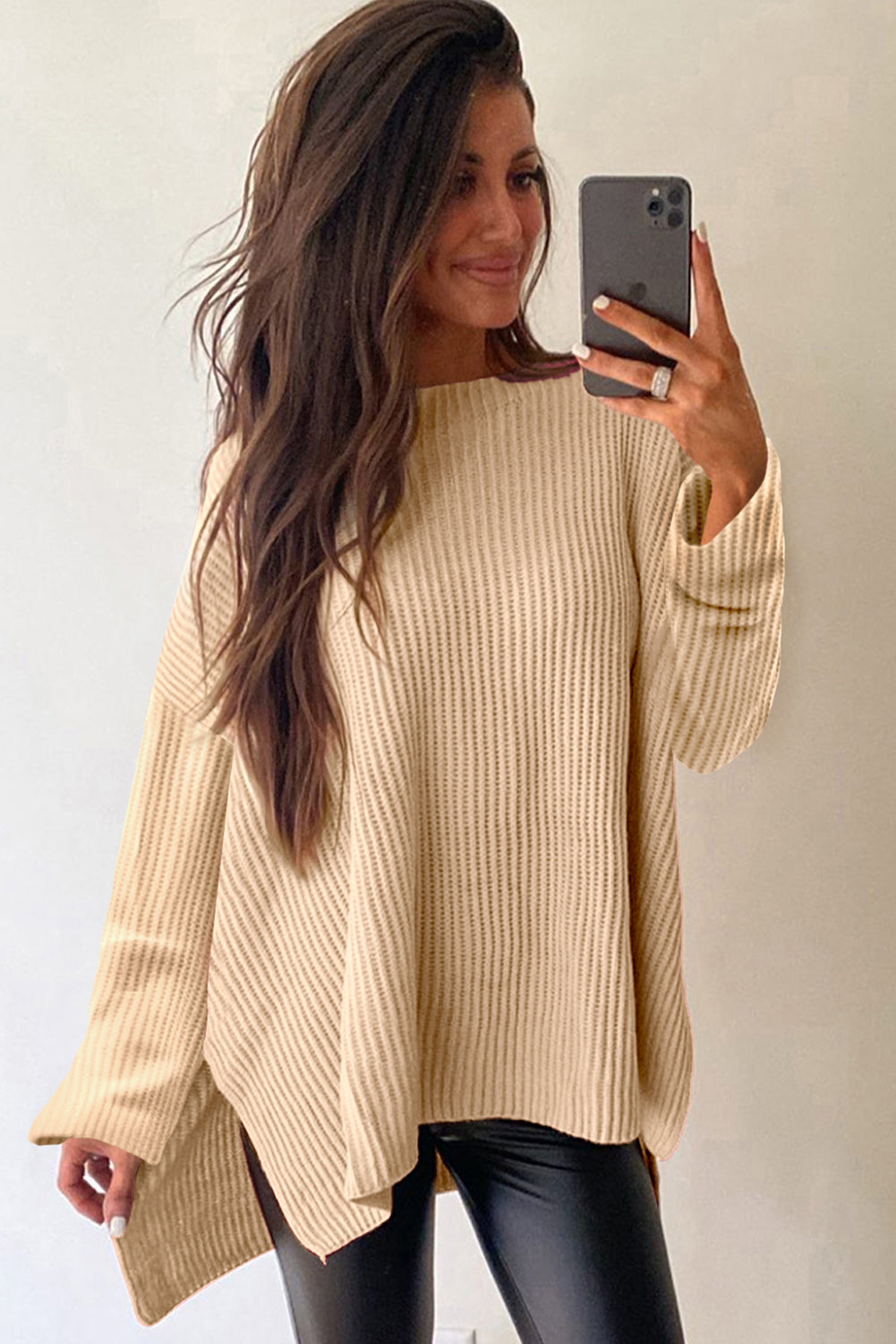 Apricot Plain Side Slits Oversized Sweater