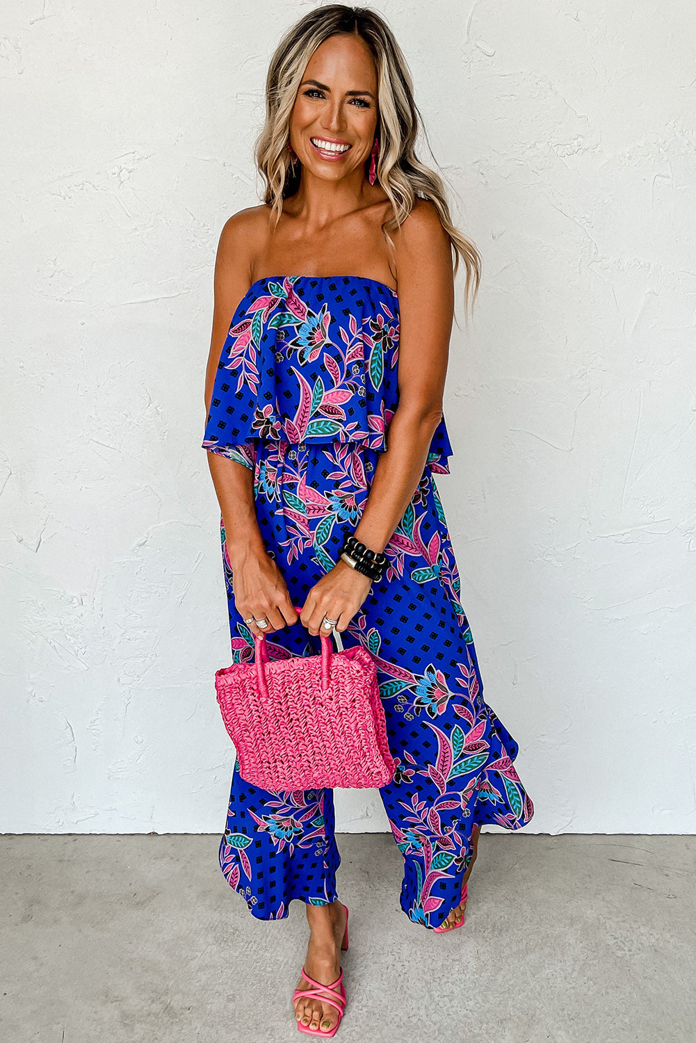 Green Mix Tropical Print Strapless Ruffled Jumpsuit