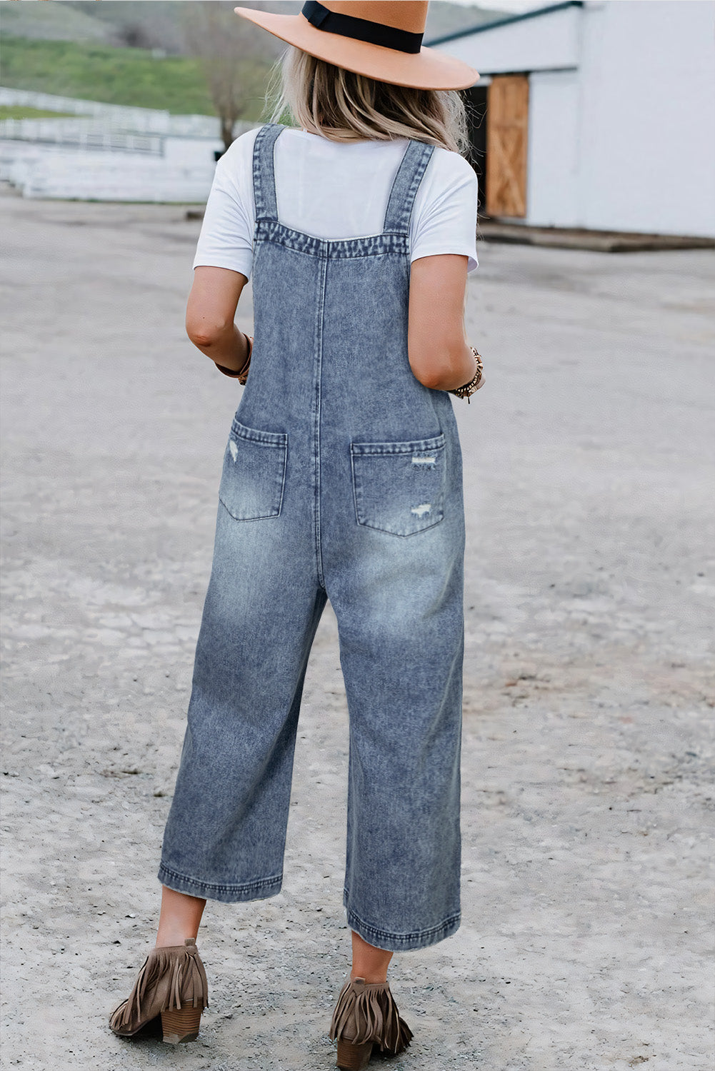 Black Distressed Bib Pocket Wide Leg Denim Overall