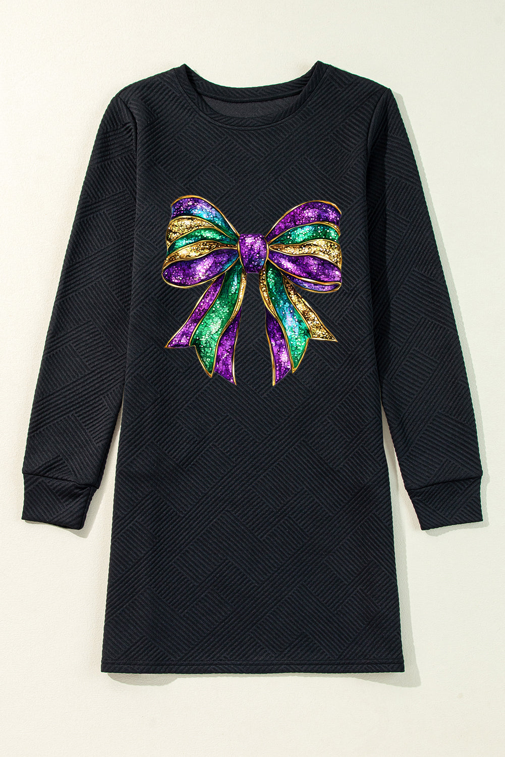 Black Bright Mardi Gras Bow Printed Textured Long Sleeve Mini Dress