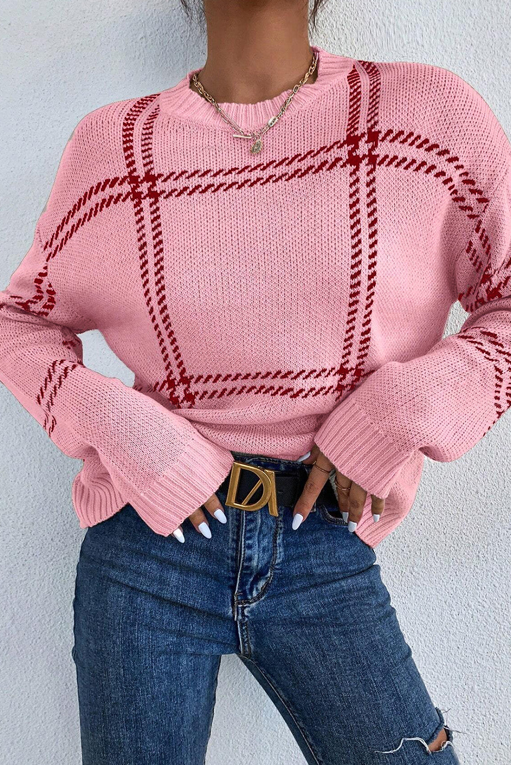 Pink Plaid Pattern Knitted Drop Shoulder Sweater