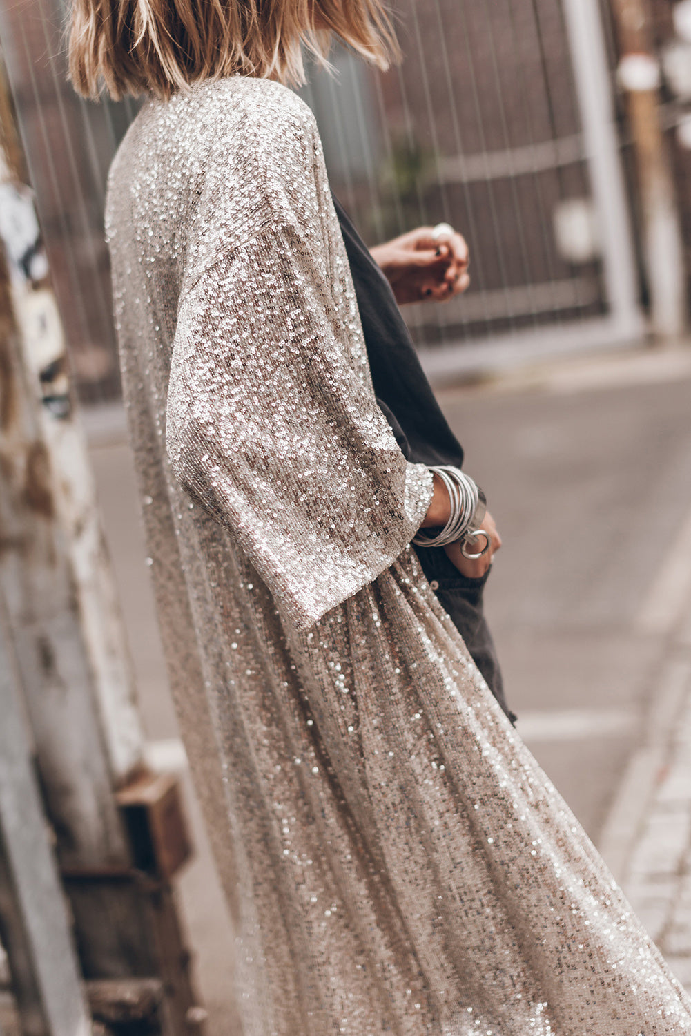 Black Sequin 3/4 Sleeve Open Front Duster Kimono