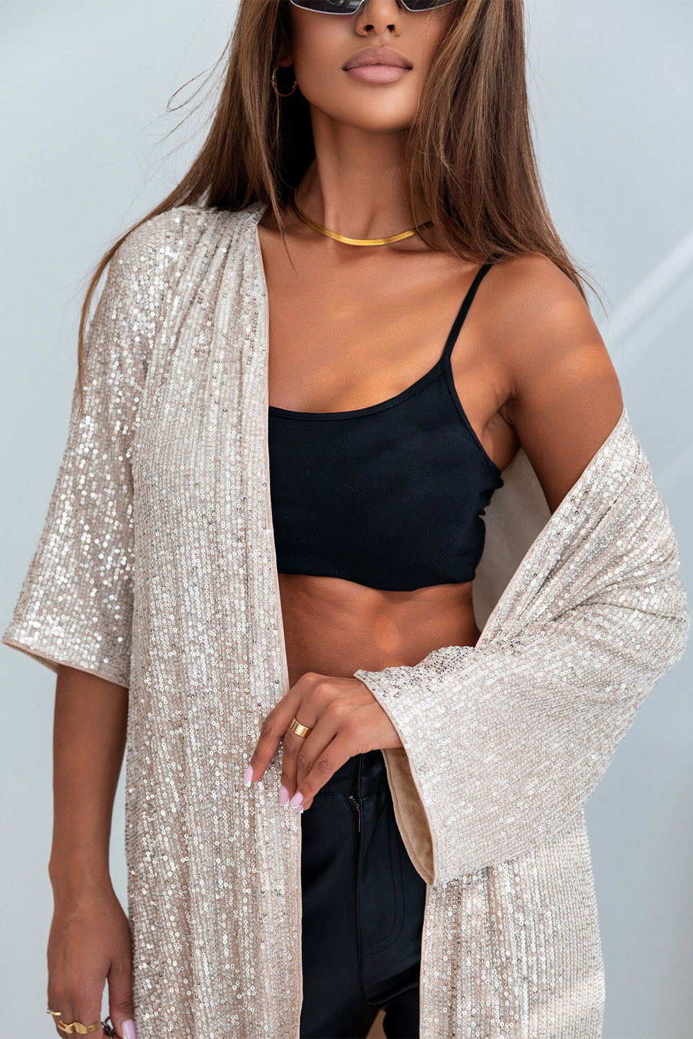 Black Sequin 3/4 Sleeve Open Front Duster Kimono