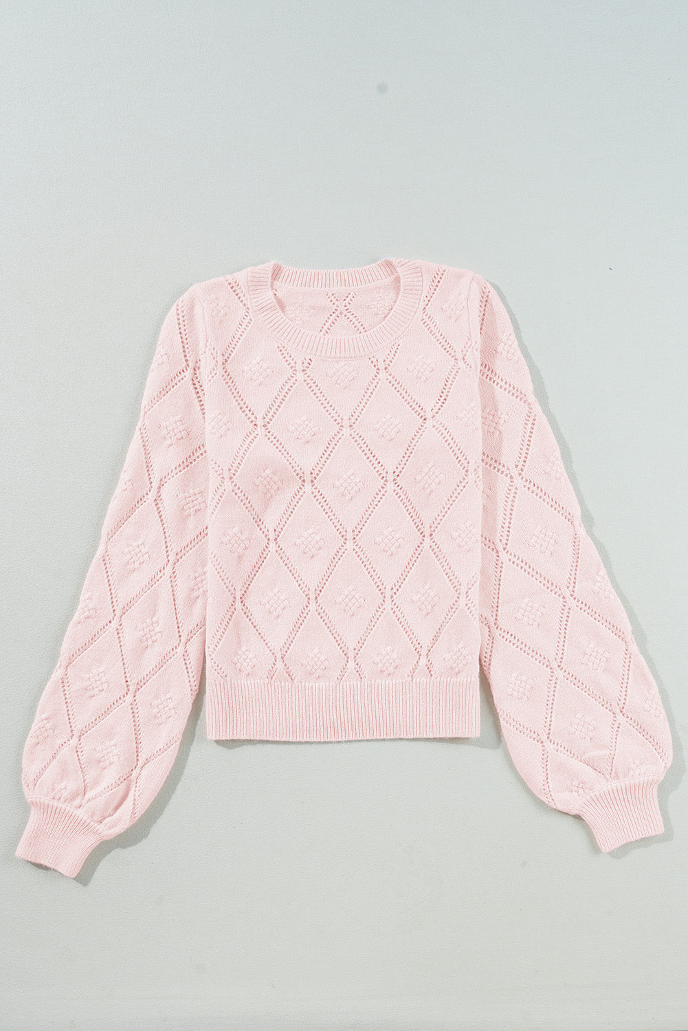 Gossamer Pink Openwork Plaid Puff Sleeve Cropped Sweater