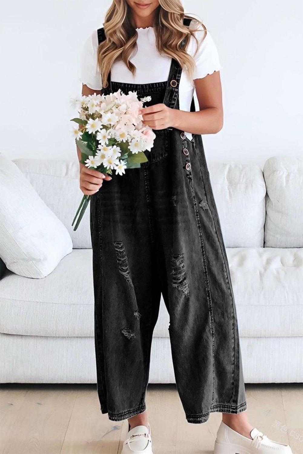 Black Distressed Bib Pocket Wide Leg Denim Overall