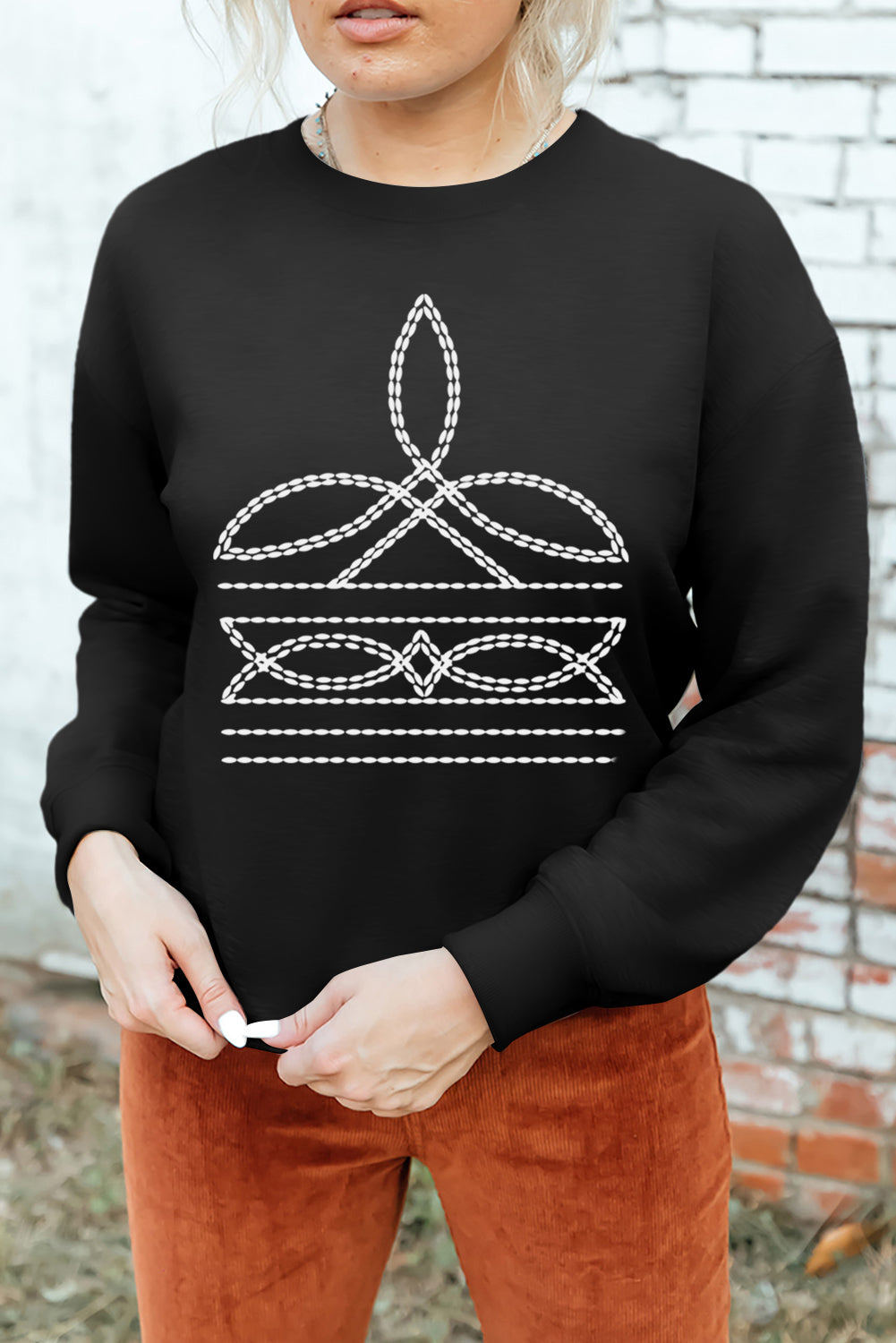 Black Western Pattern Print Round Neck Pullover Sweatshirt