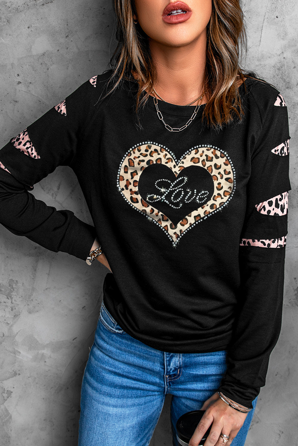 Black Leopard Rhinestone Heart Graphic Slash Sleeve Sweatshirt