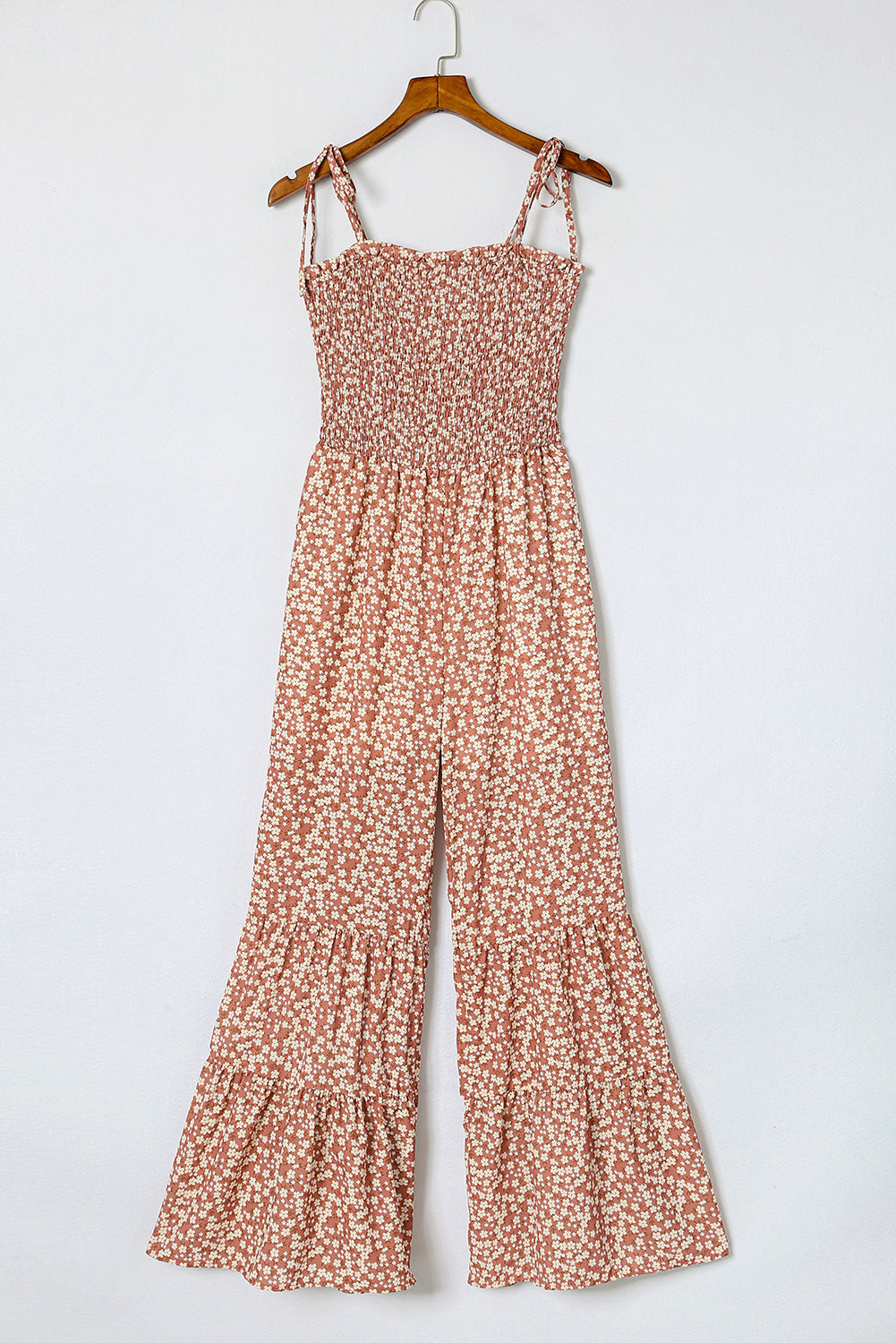 Khaki Floral Spaghetti Straps Smocked Bodice Wide Leg Jumpsuit