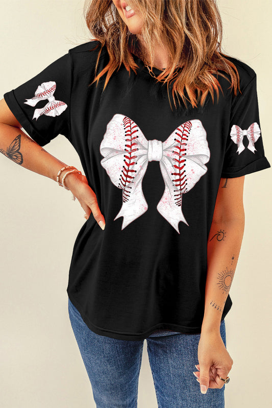 Black Casual Bow Tie Print Baseball Graphic Tee