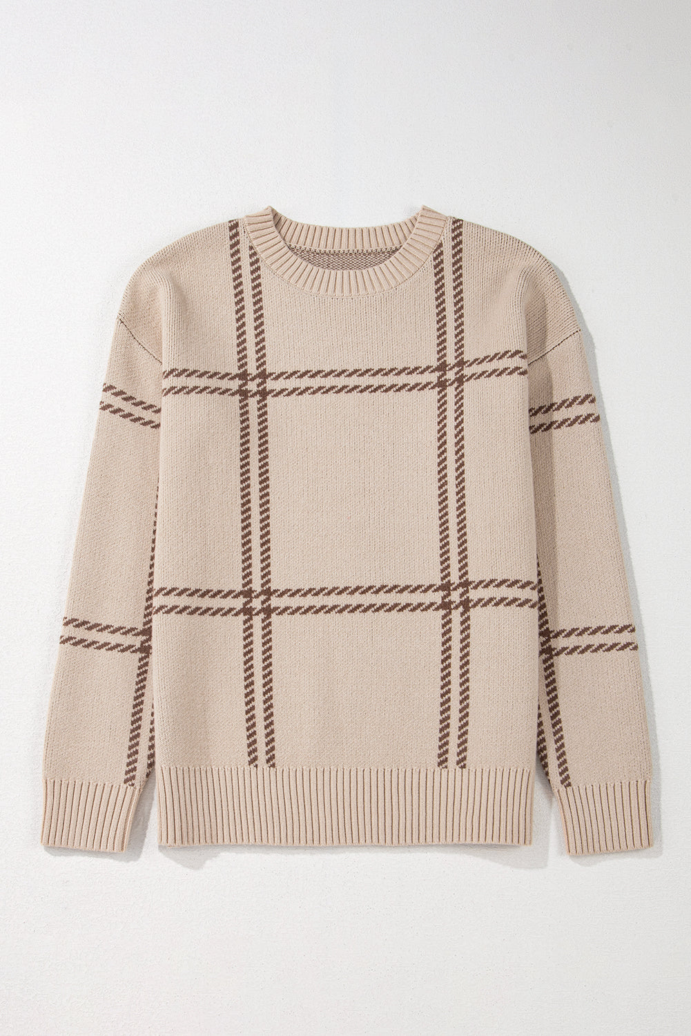 Pink Plaid Pattern Knitted Drop Shoulder Sweater