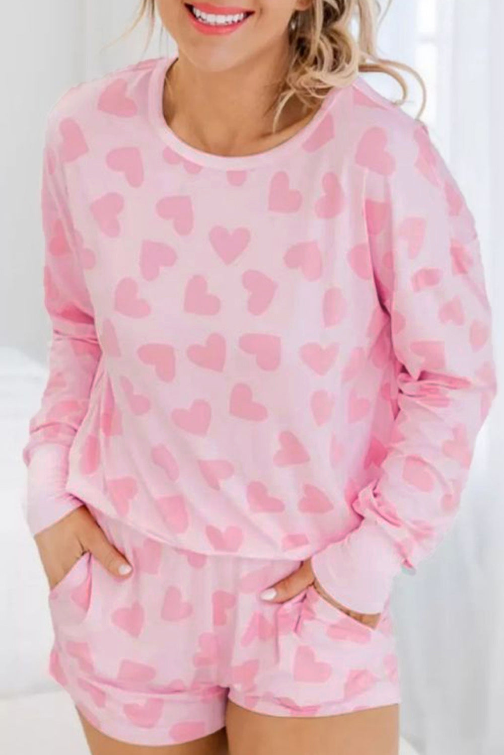 Pink Valentine Heart Shape Print Long Sleeve Top Shorts Lounge Set