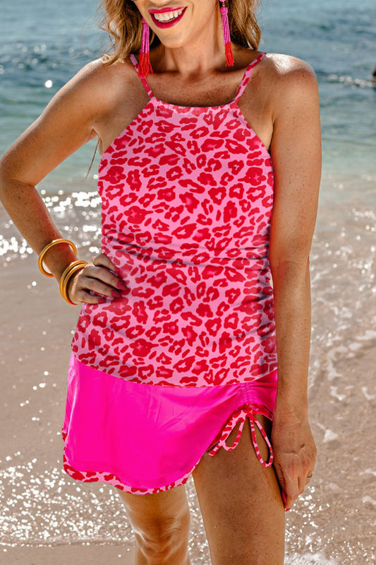 Rose Leopard Drawstring Side Tankini 2pcs Swimsuit