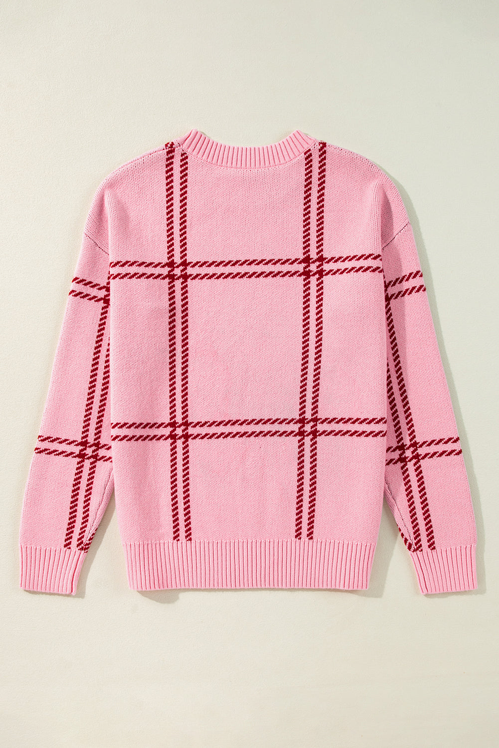 Pink Plaid Pattern Knitted Drop Shoulder Sweater