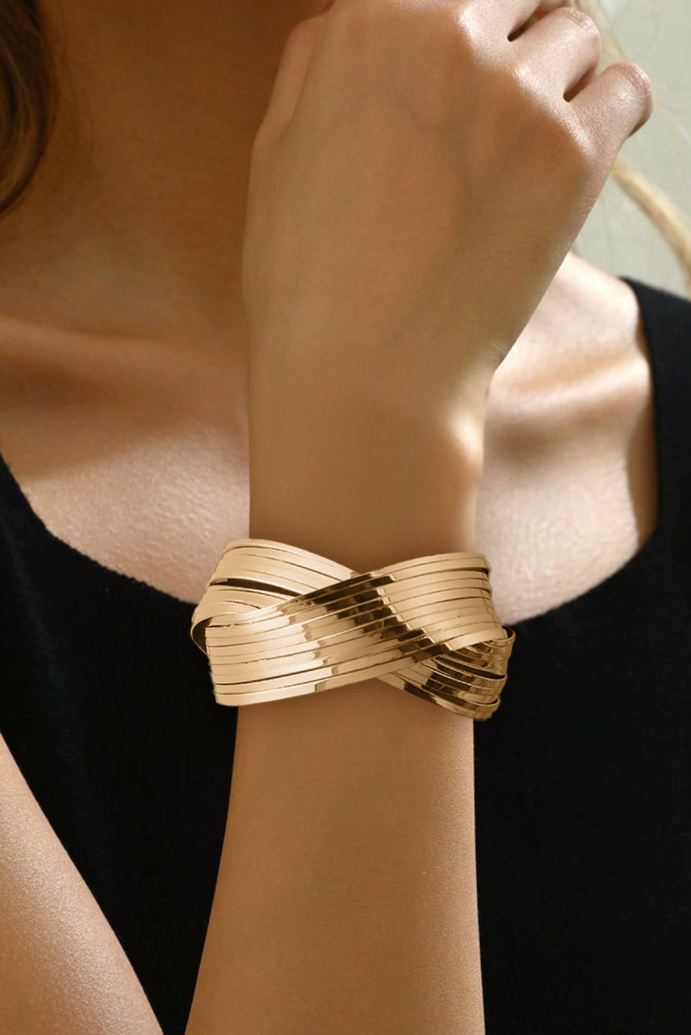 Gold Textured Crossover Metal Cuff Wide Bracelet