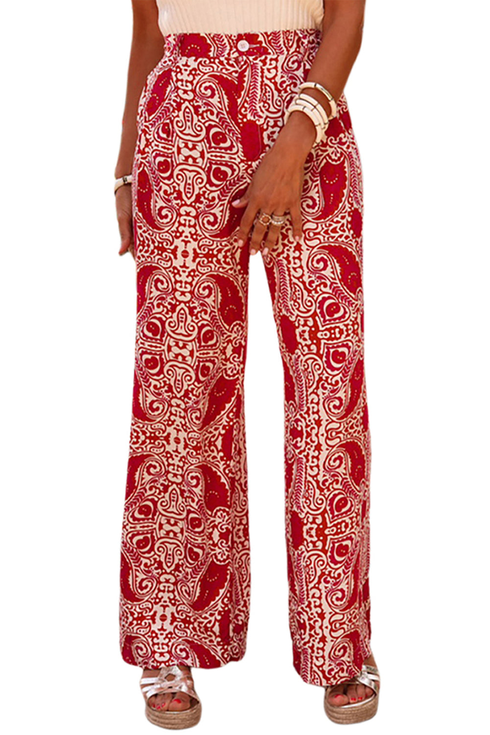 Red Paisley Printed Buttoned High Waist Straight Leg Pants