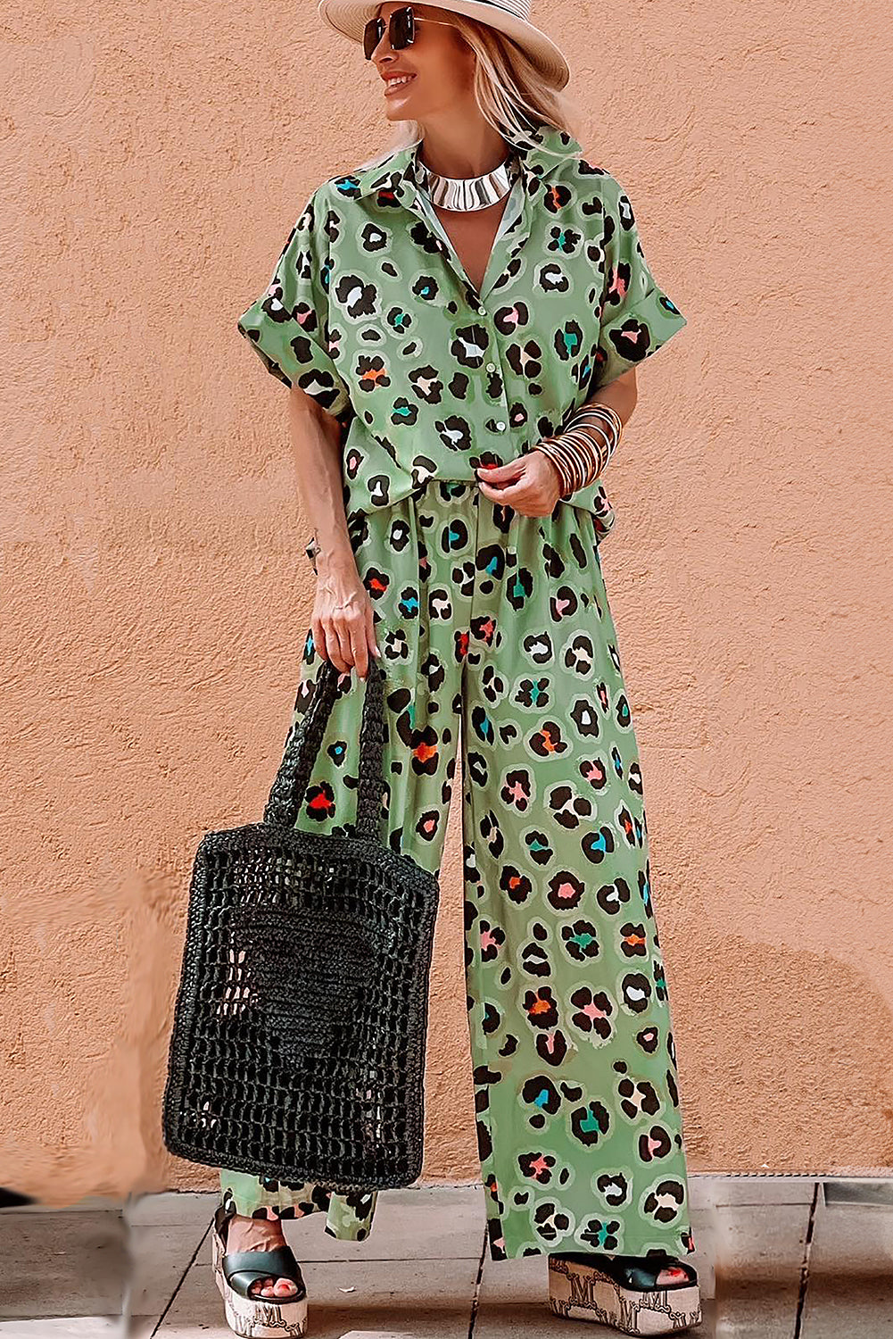 Green Leopard Print Short Sleeve Shirt and Wide Leg Pants Set