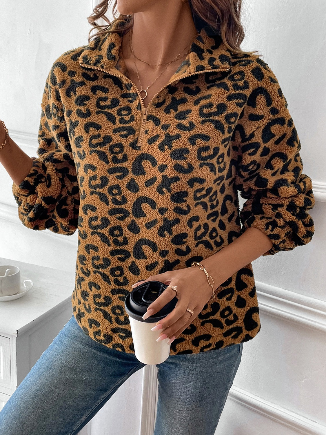 Leopard Half Zip Long Sleeve Sweatshirt