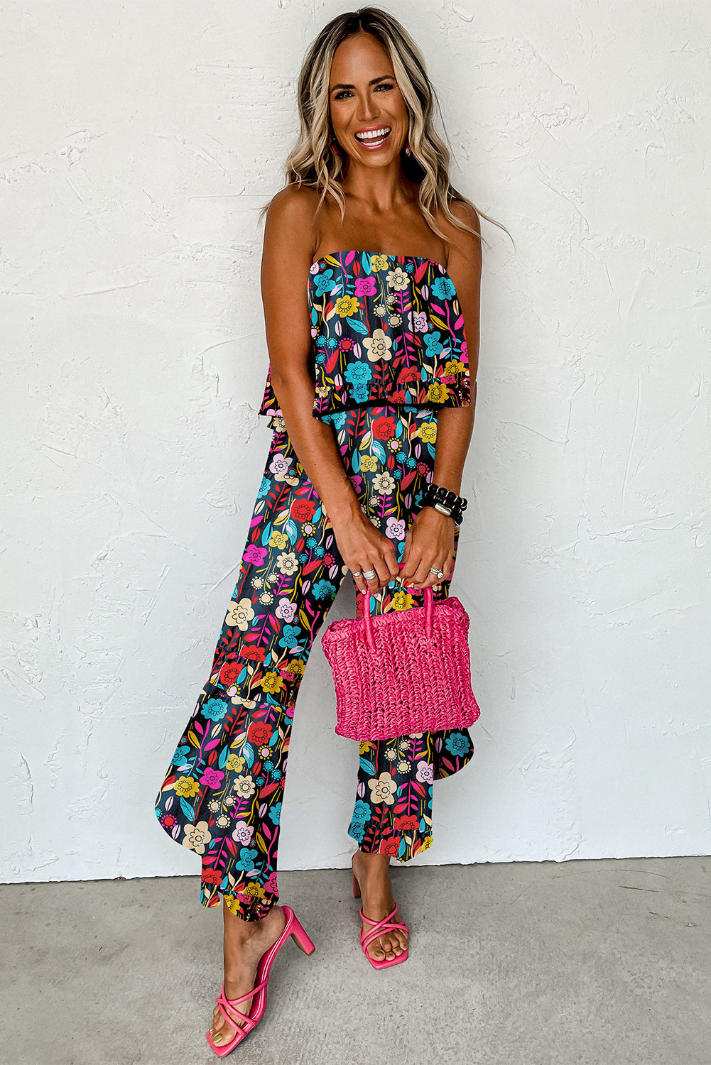 Green Mix Tropical Print Strapless Ruffled Jumpsuit