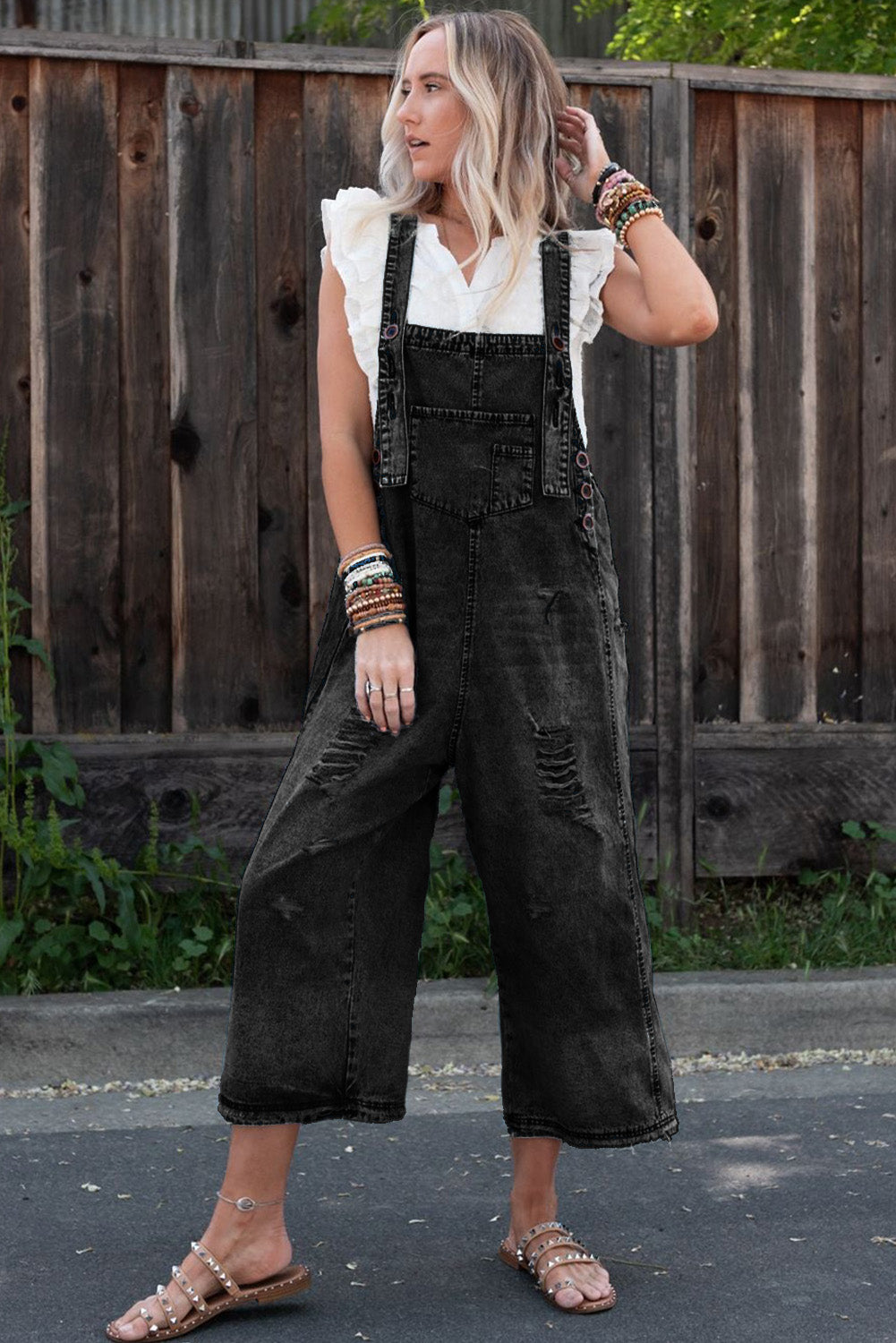 Black Distressed Bib Pocket Wide Leg Denim Overall