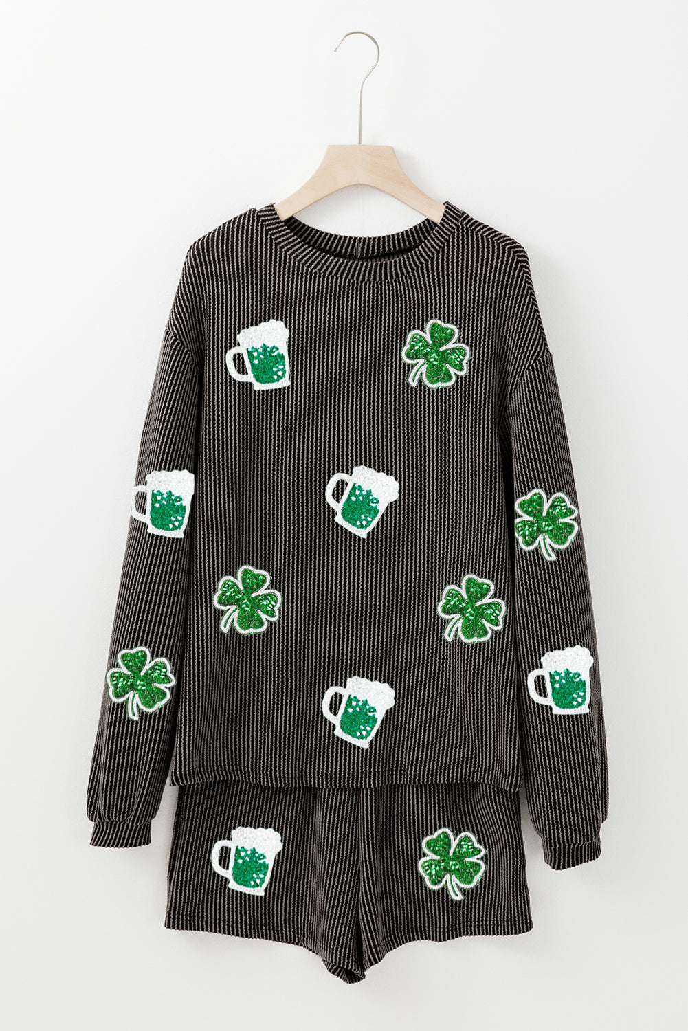 Carbon Grey St Patricks Day Graphic Corded Long Sleeve Top and Shorts Set