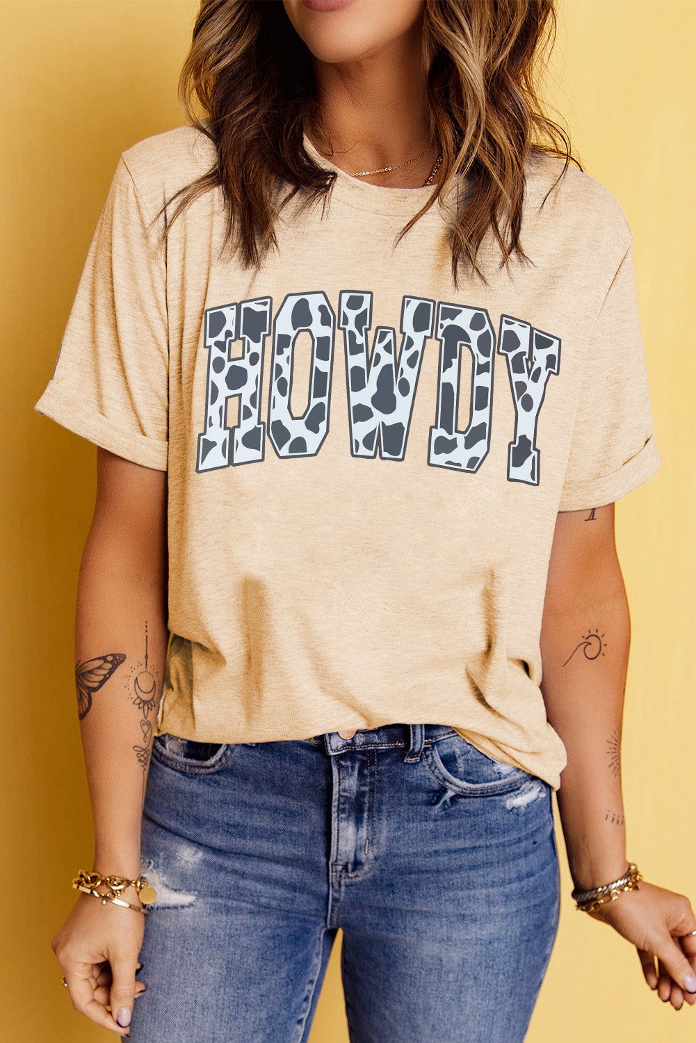 Khaki Animal Print HOWDY Letter Print Graphic Tee