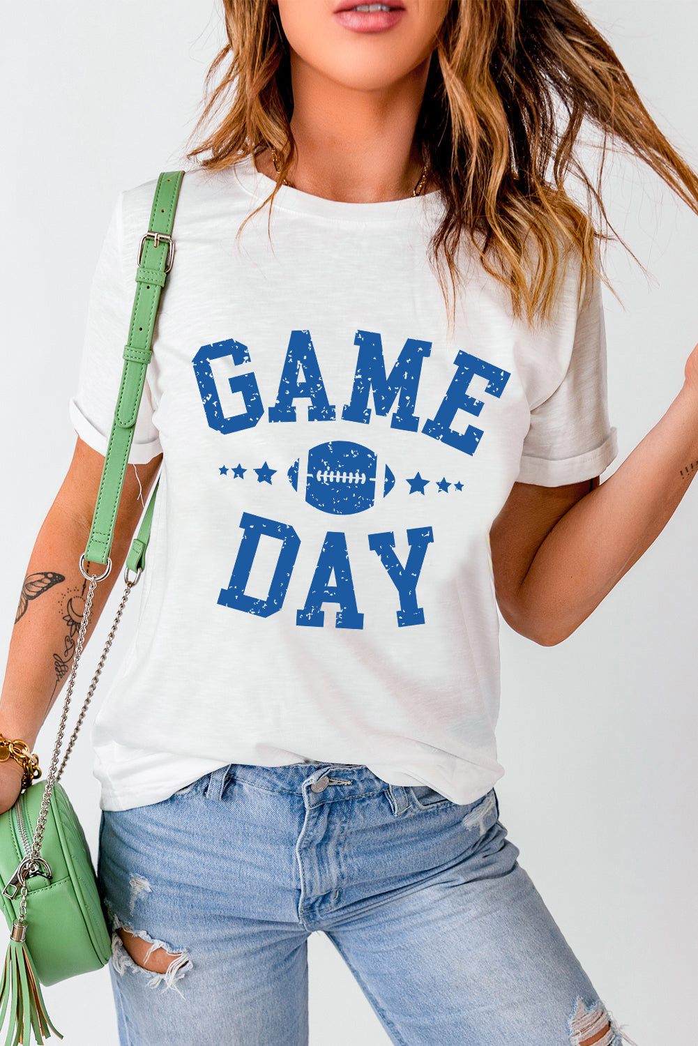 White GAME DAY Rugby Football Graphic Crewneck T Shirt