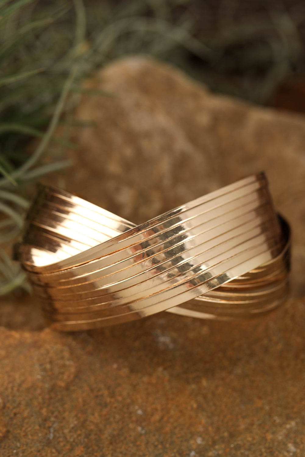 Gold Textured Crossover Metal Cuff Wide Bracelet