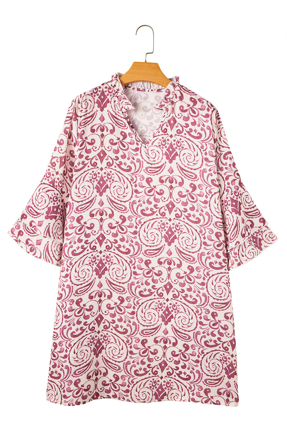 Pink Paisley Print Tiered 3/4 Sleeve Notched Neck Short Dress