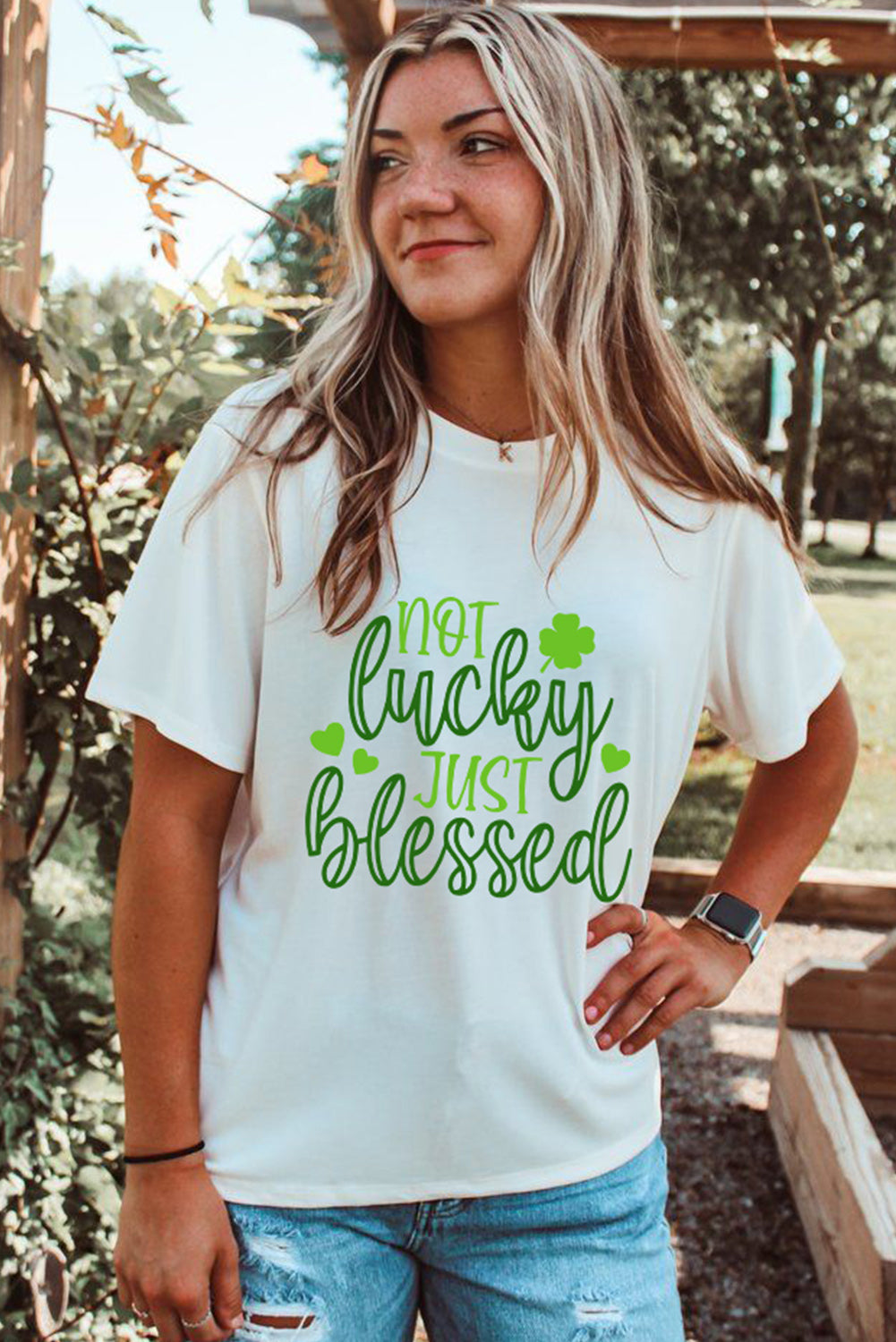 White St Patricks Not Lucky Just Blessed Graphic T-shirt