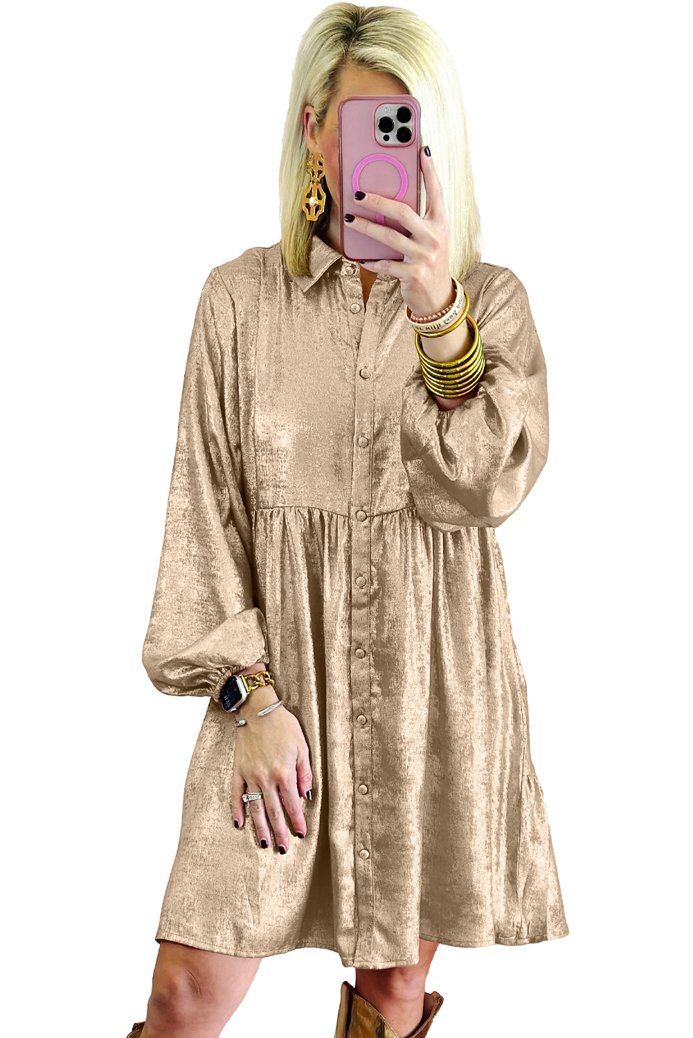 Peach Blossom Metallic Sheen Puff Sleeve Button Up Mini Shirt Dress