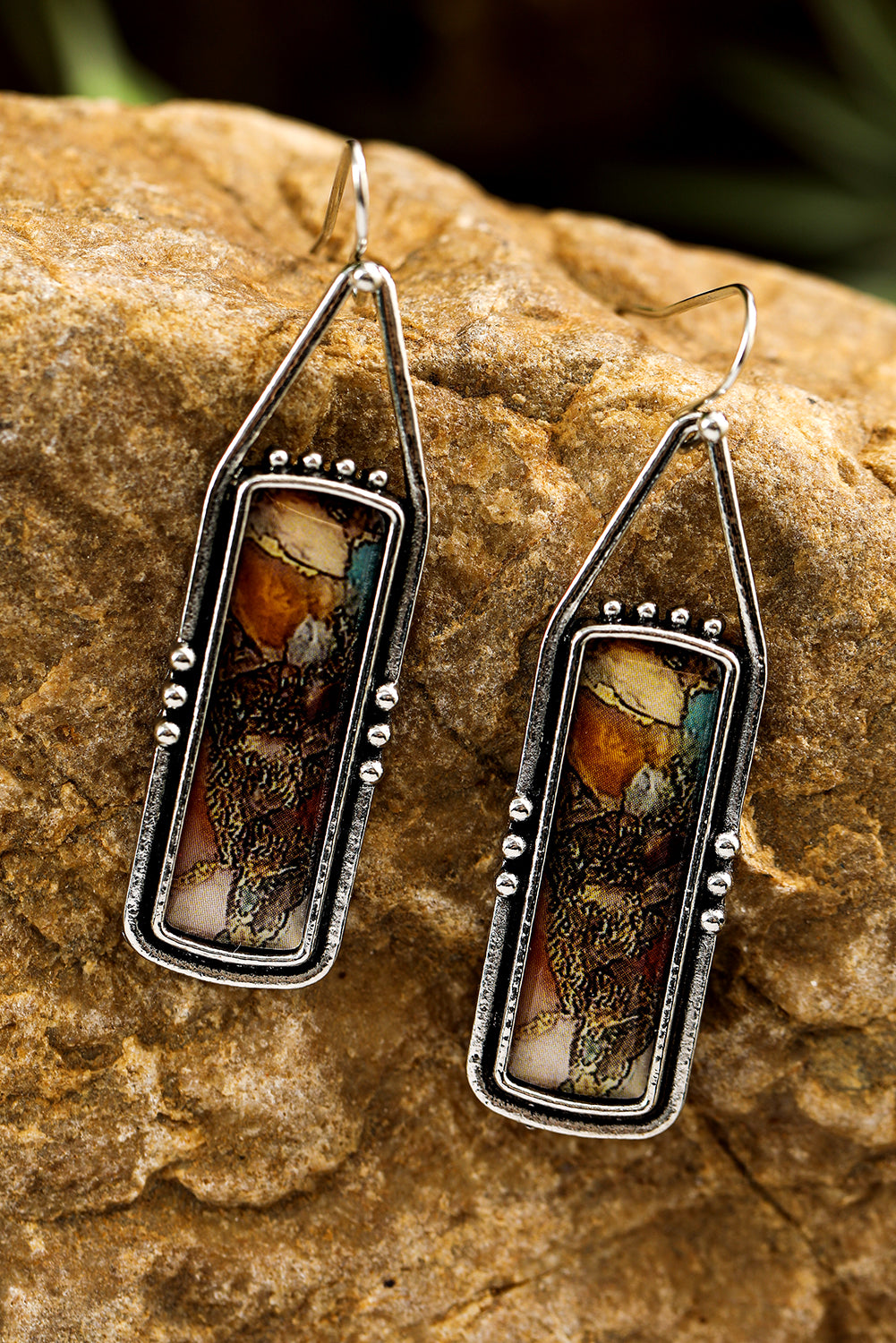 Silvery Retro Rectangle Stone Inlay Dangle Earrings