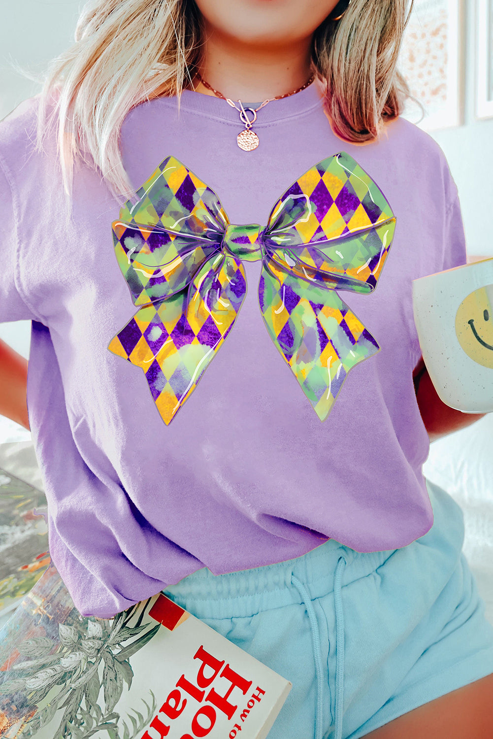 Wisteria Plaid Bow Mardi Gras Crewneck Tee