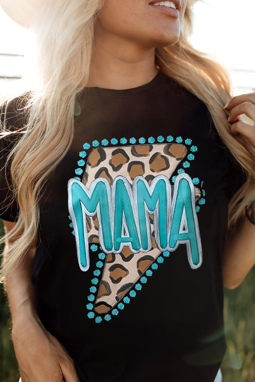 Black Western MAMA Leopard Lightning Graphic Tee