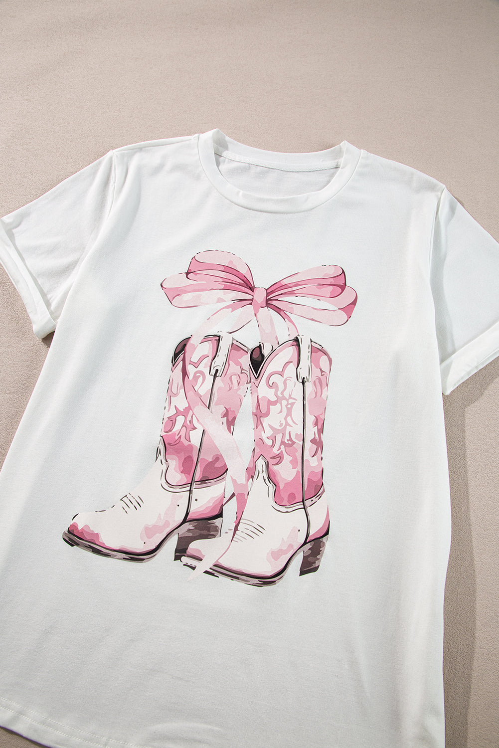 White Western Boots Bow Knot Print Crew Neck T Shirt